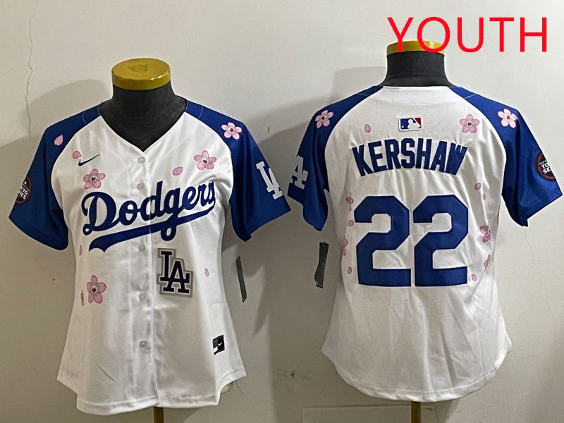 Youth Los Angeles Dodgers #22 Kershaw White Blue Sakura Edition 2025 Nike MLB Jersey style 9->youth mlb jersey->Youth Jersey
